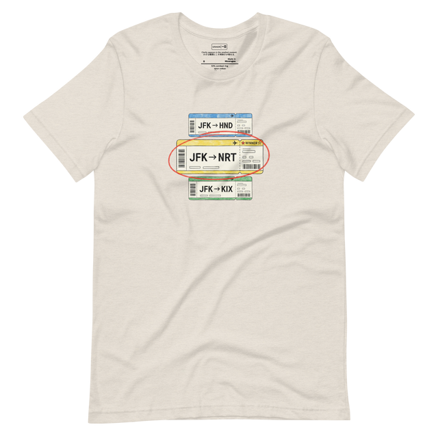 Minimal illustration of three flight tickets with one highlighted on a T-shirt design.
