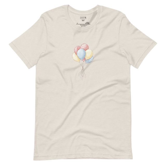 Minimalist black line illustration of a cluster of balloons floating upward, T-Shirt design.