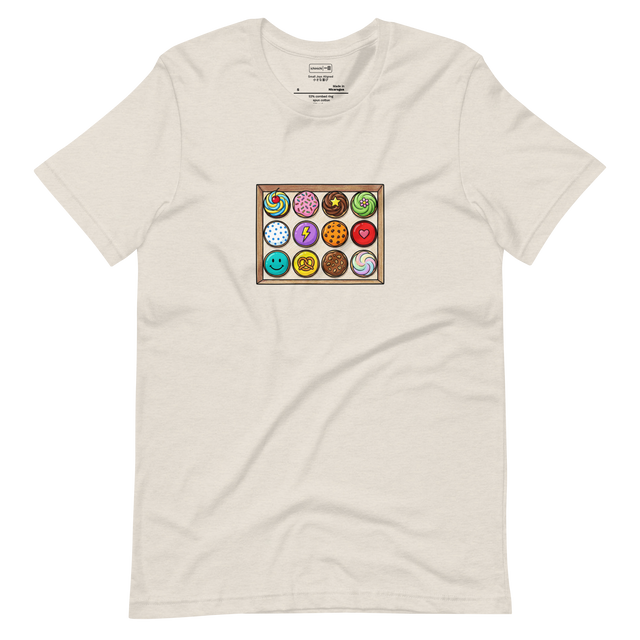 Minimalist T-Shirt featuring a hand-drawn overhead illustration of a box of twelve cupcakes.