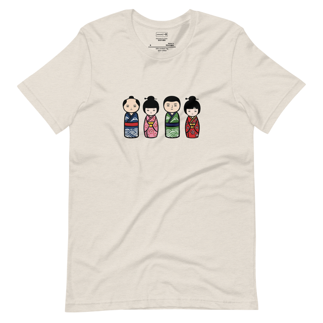 Illustration of four colorful Japanese kokeshi dolls arranged in two pairs on a Short Sleeve T-Shirt.