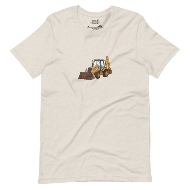 Minimalist vector illustration of a backhoe in profile on a Short Sleeve T-Shirt.