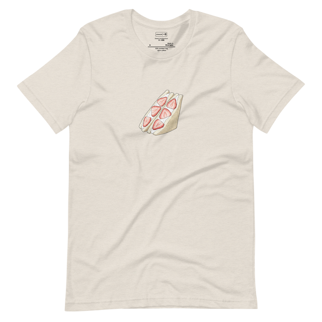 Minimalist line art illustration of a Japanese Ichigo Sando strawberry sandwich on a short sleeve t-shirt.
