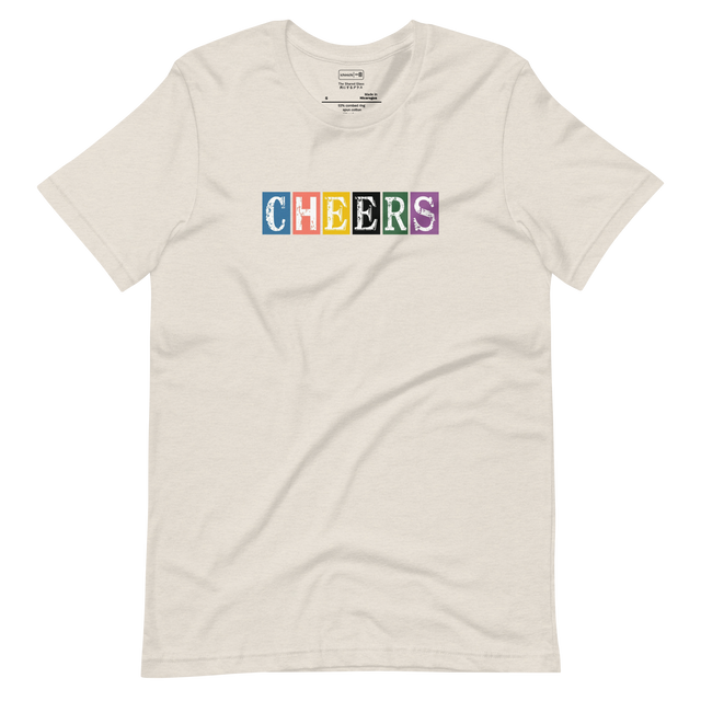 Distressed typography design featuring the word Cheers on a Short Sleeve T-Shirt.