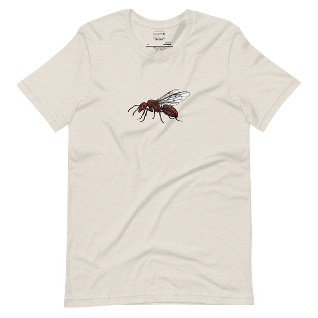 Detailed stippling illustration of a queen red ant with transparent wings on a Short Sleeve T-Shirt.