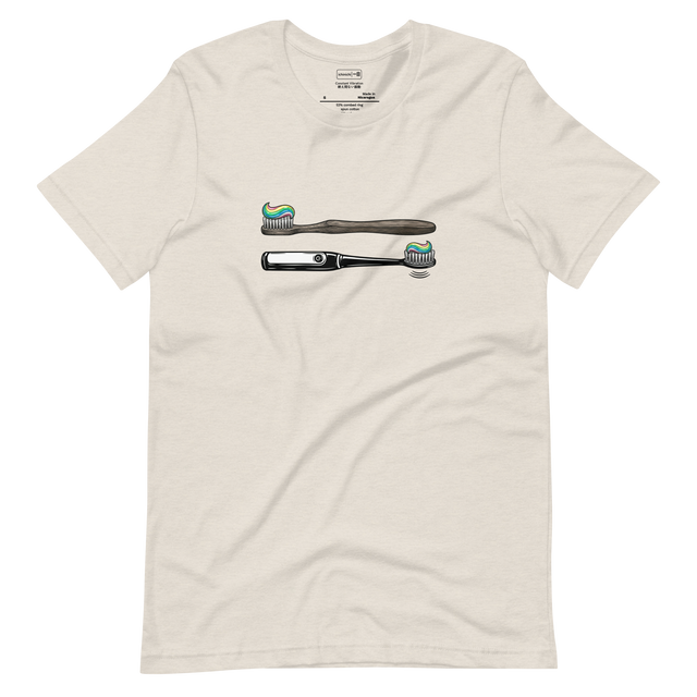 Minimalist digital illustration of a manual toothbrush and electric toothbrush side-by-side on a Short Sleeve T-Shirt.