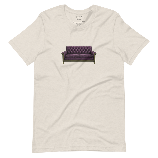 A cross-hatch ink illustration of Grandma's vintage tufted love seat in purple and olive on a Short Sleeve T-Shirt.