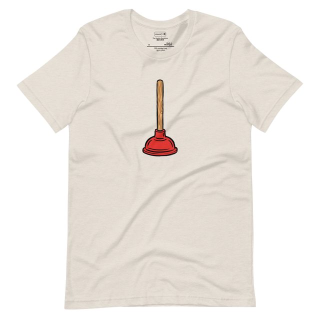 A minimalist clean paint brush illustration of a red and wood plunger on a Short Sleeve T-Shirt.