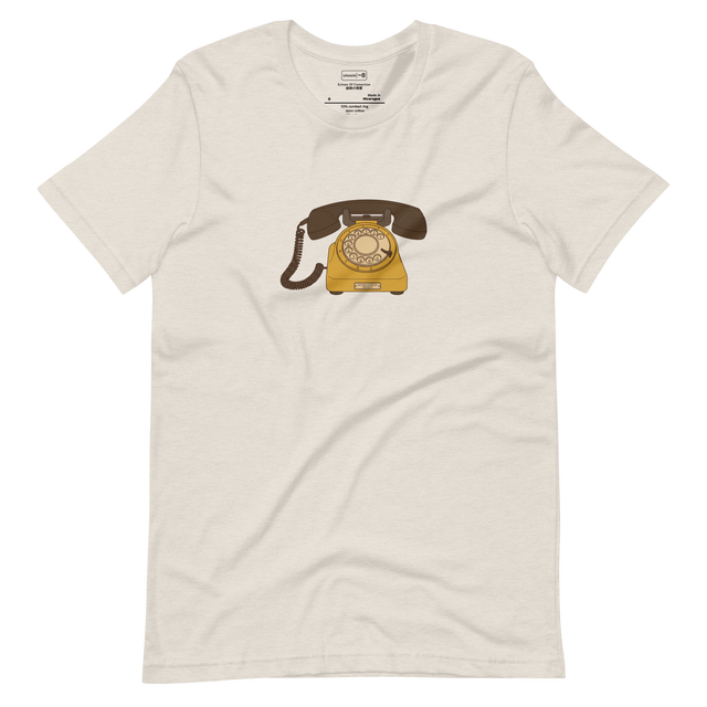 Simple line drawing of a vintage rotary telephone in brown and yellow on a Short Sleeve T-Shirt.