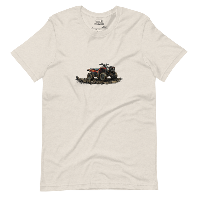 Colorful cross-hatch ink illustration of an ATV driving through mud on a Short Sleeve T-Shirt.