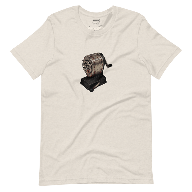 Cross-hatch ink illustration of a rusted mechanical pencil sharpener on a Short Sleeve T-Shirt.