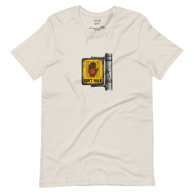 Cross-hatch ink illustration of a rusted yellow digital sign featuring an LED light grid forming a reddish-orange hand on a Short Sleeve T-Shirt.