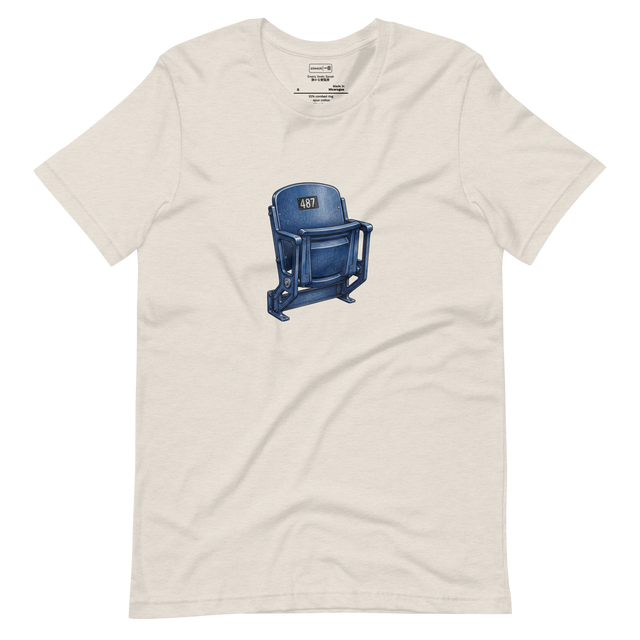 A hand-drawn color pencil illustration of an old school folded stadium seat printed on a Short Sleeve T-Shirt.