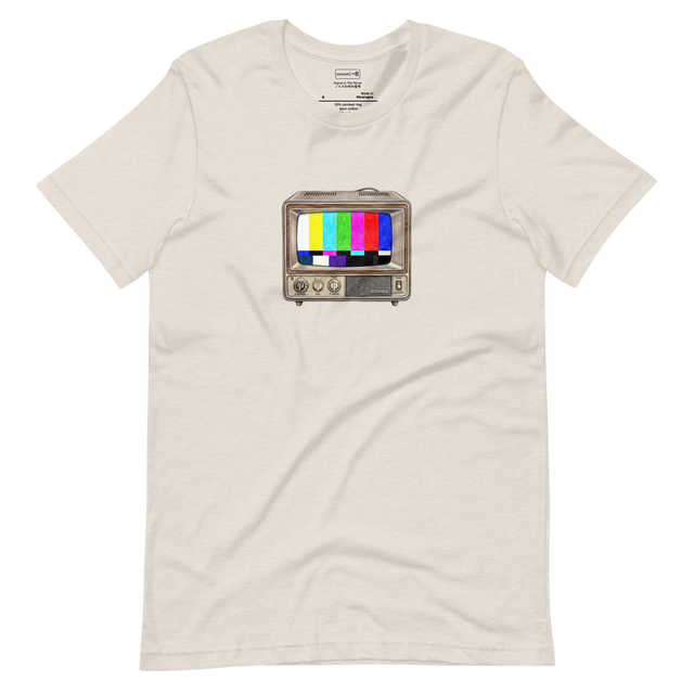 Short Sleeve T-Shirt featuring a vintage television set displaying a classic color bar test pattern rendered in colored pencil.