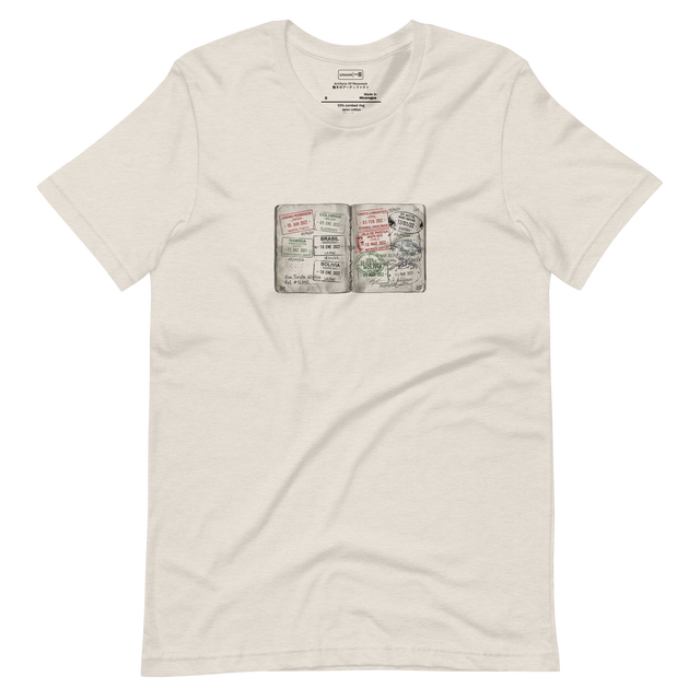 Hand-drawn color pencil illustration of faded passport visa stamps on a Short Sleeve T-Shirt