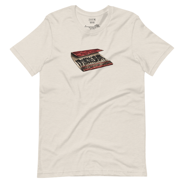 Detailed cross-hatch ink illustration of an open paper matchbook with charred paper matches printed on a Short Sleeve T-Shirt.