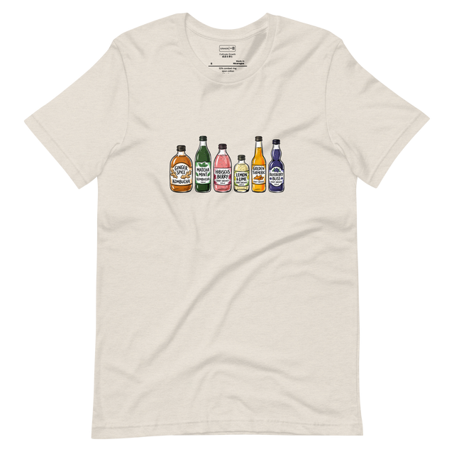 Graphic of multiple colorful kombucha bottles in brush pen style on a Short Sleeve T-Shirt.