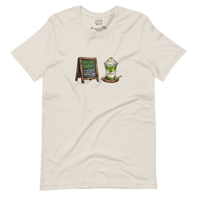 A marker illustration of a cafe sign and frozen matcha latte on a Short Sleeve T-Shirt.