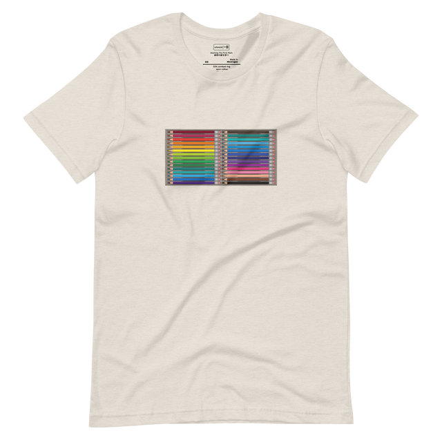 Short Sleeve T-Shirt featuring a hand-drawn illustration of 24 sharp, unused colored pencils arranged horizontally in an open box.