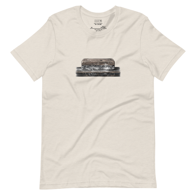 Short Sleeve T-Shirt with cross-hatch colored pencil artwork of a worn wooden chalkboard eraser heavily dusted with white chalk.