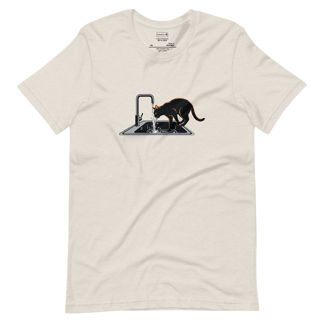 Graphic brush illustration of a cat silhouette drinking from a running sink with slight orange highlights on a Short Sleeve T-Shirt.