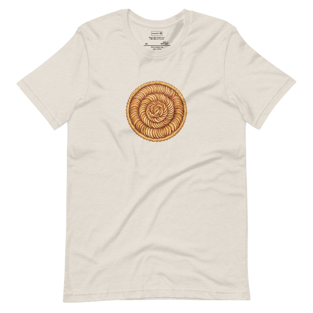 Short Sleeve T-Shirt with a colored pencil illustration of an overhead view of a French apple tart showing concentric apple slices.