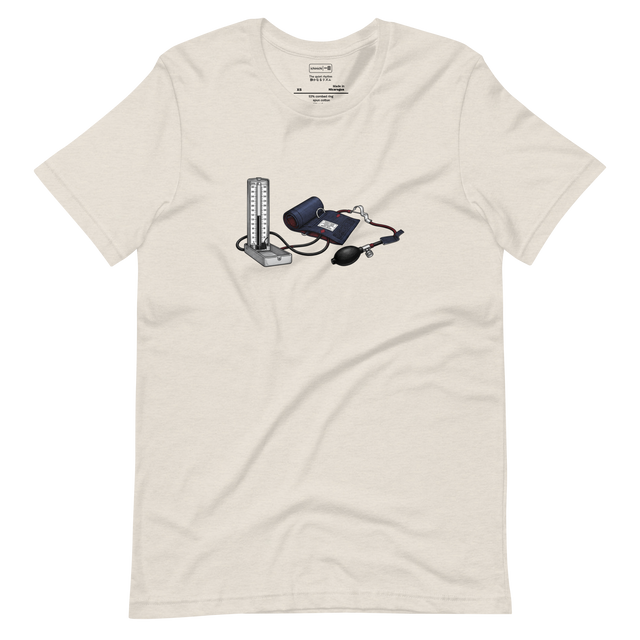 Short Sleeve T-Shirt featuring a cross-hatch ink illustration of a vintage manual blood pressure machine with a mercury gauge and rubber bulb.