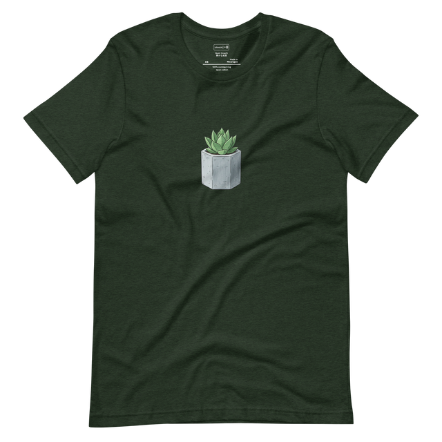 Minimalist line drawing of a small succulent in a concrete vase on a Short Sleeve T-Shirt.