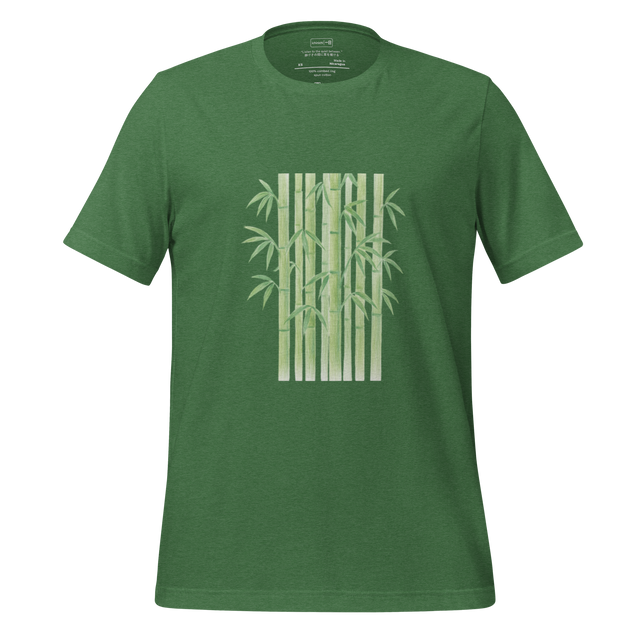 Minimalist line illustration of Kyoto bamboo forest with vertical stalks and soft shading, calm Japanese-inspired T-Shirt design.