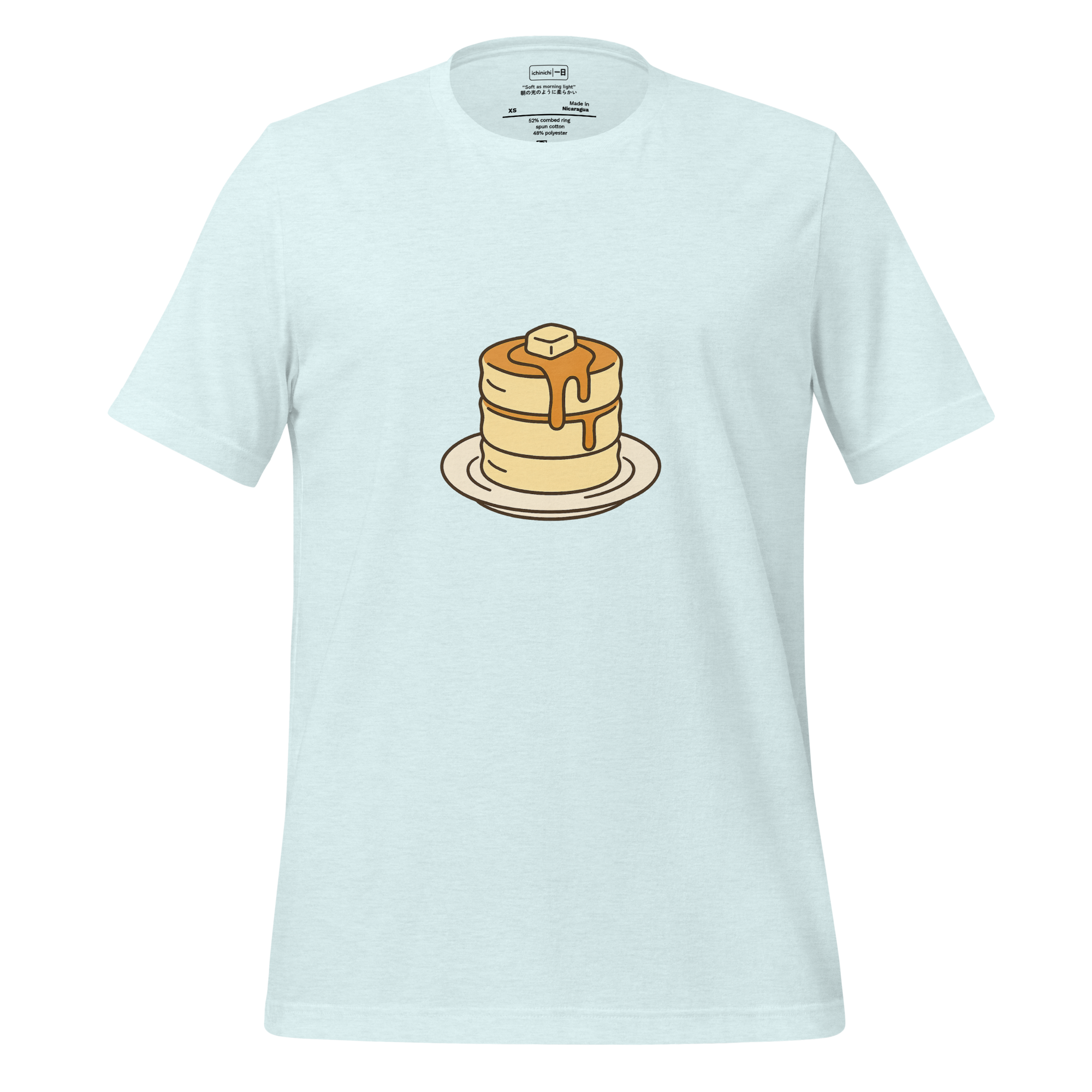 Minimal illustration of a stack of fluffy Japanese pancakes with syrup and butter.