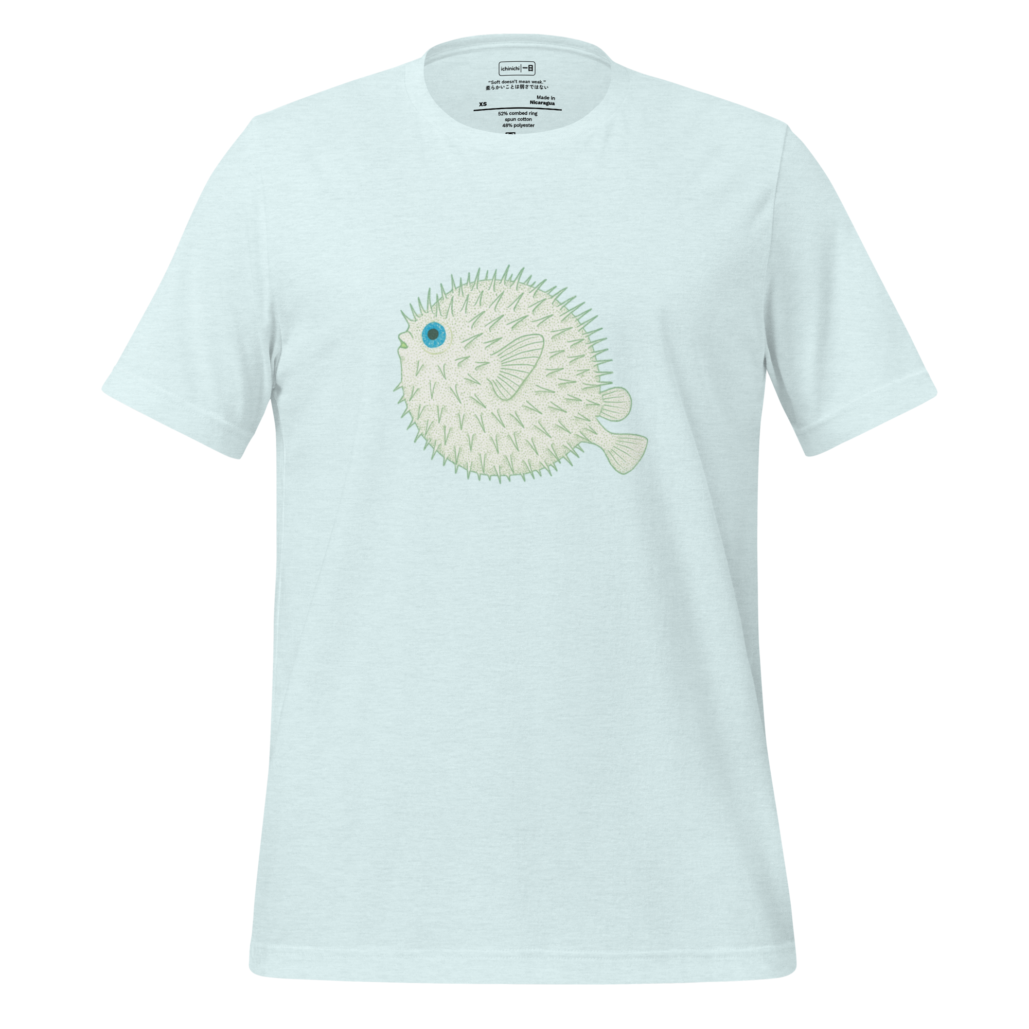 Stippled green illustration of a pufferfish with bright blue eyes, minimalist and softly textured.