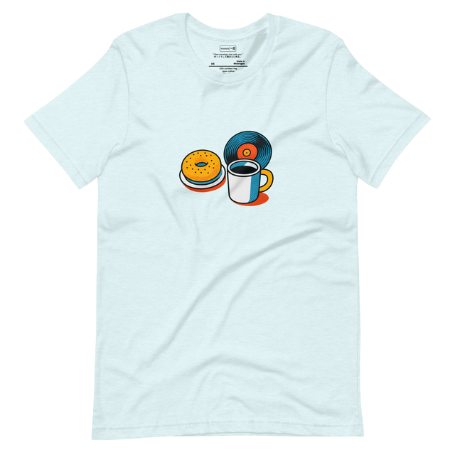 Minimal illustration of bagels, coffee, and vinyl arranged together on a T-Shirt design.