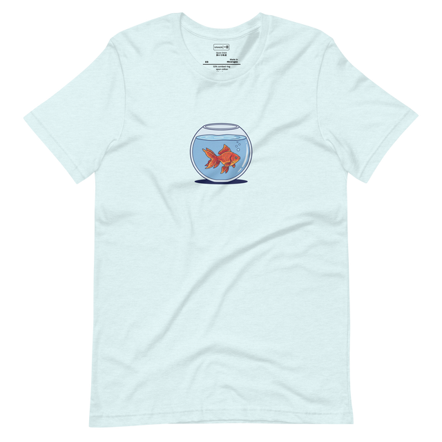 Minimalist line art illustration of a goldfish in a glass bowl on a white Short Sleeve T-Shirt.
