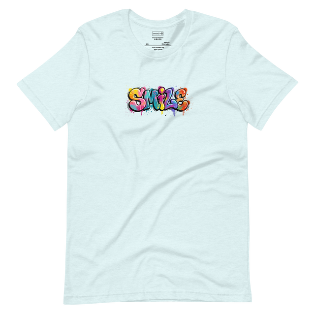 A minimalist short sleeve t-shirt featuring a graffiti-style smile illustration with bold, expressive lines.