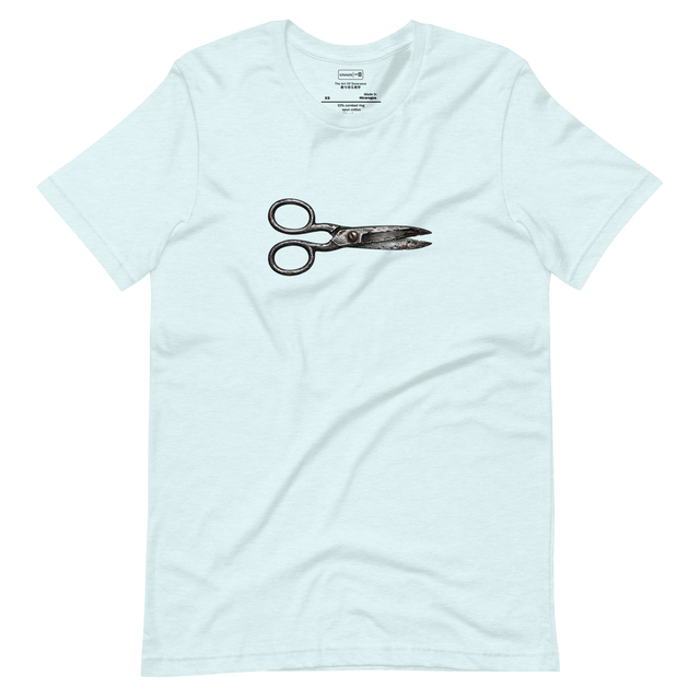 Cross-hatch ink illustration of vintage scissors lying horizontal on a Short Sleeve T-Shirt.