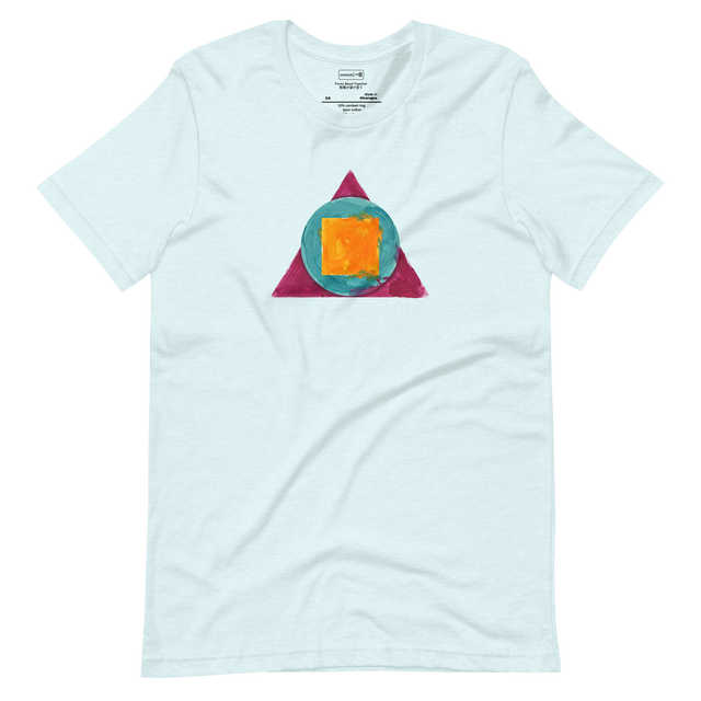 Three geometric shapes painted in overlapping red-purple, blue-green, and orange-yellow on a Short Sleeve T-Shirt.