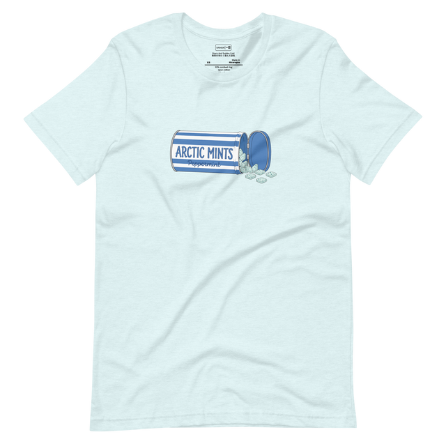 Colored pencil drawing of an open silver and blue striped tin with spilled white mints. Short Sleeve T-Shirt.