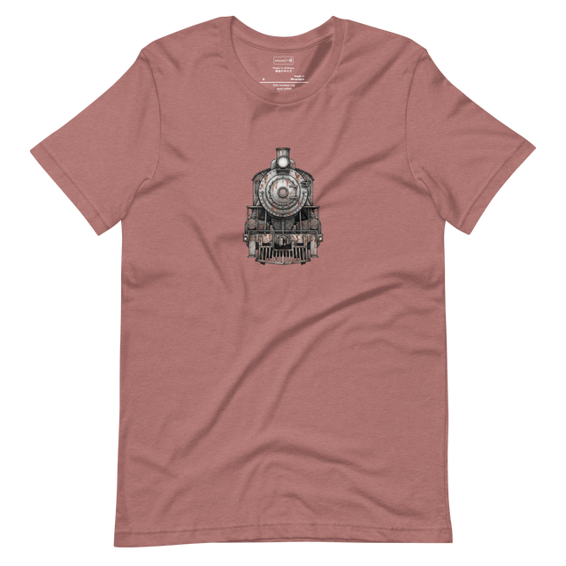 Minimalist front view illustration of an old steam train engine, T-Shirt design.