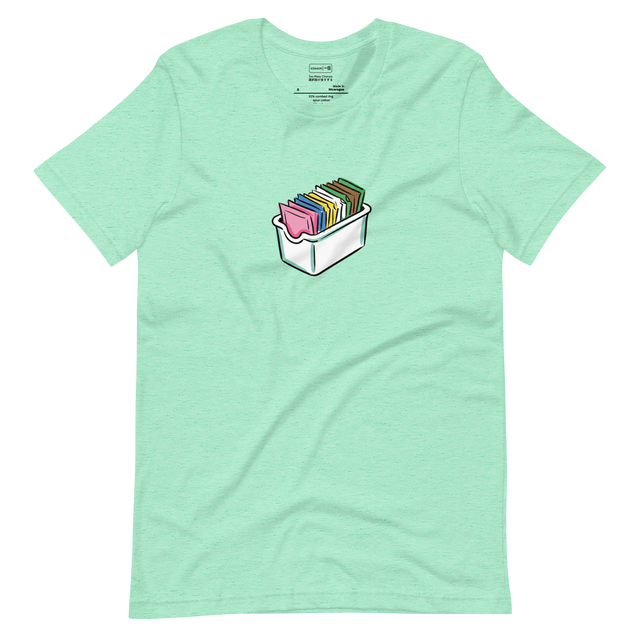 Graphic illustration of a cluttered restaurant sugar caddy with pink, blue, yellow, and green packets on a Unisex T-Shirt.