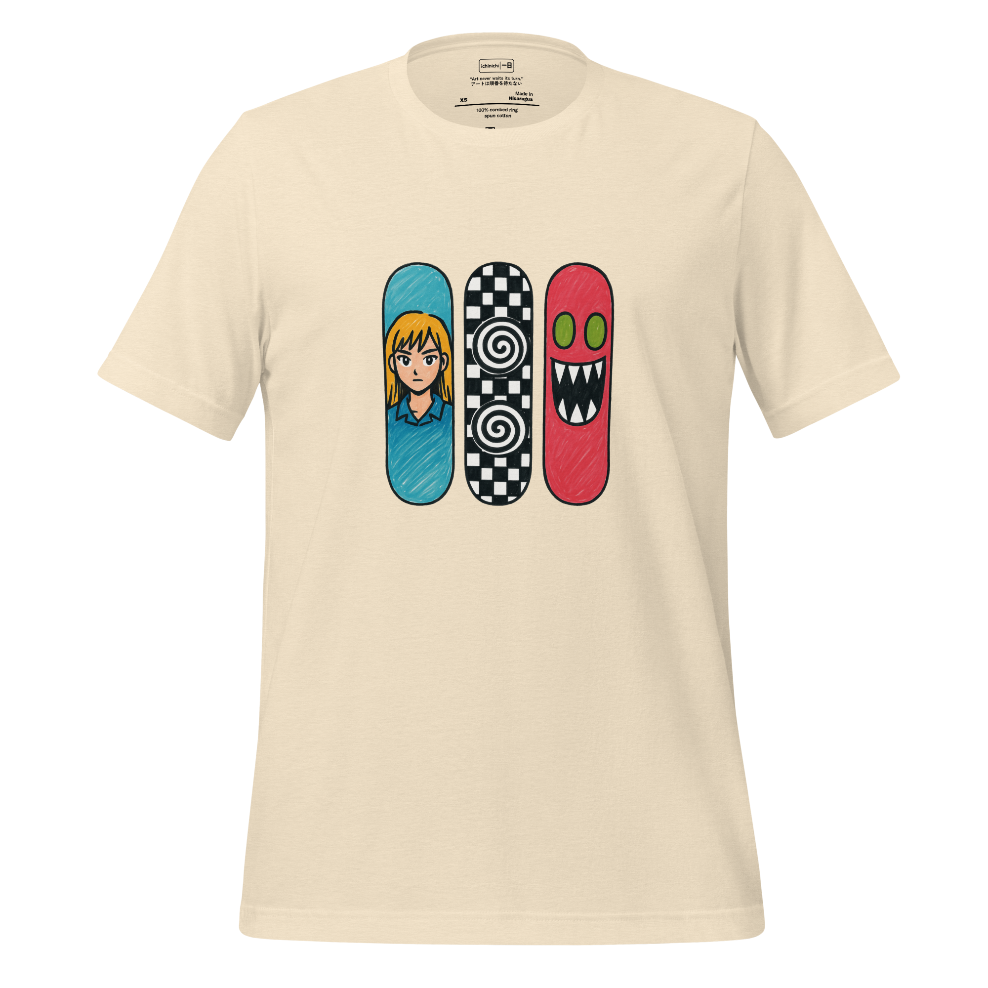 Minimalist illustration of three skateboards stacked vertically on a wall — one anime-inspired, one black-and-white checkered with swirls, one with a monster mouth smiling.