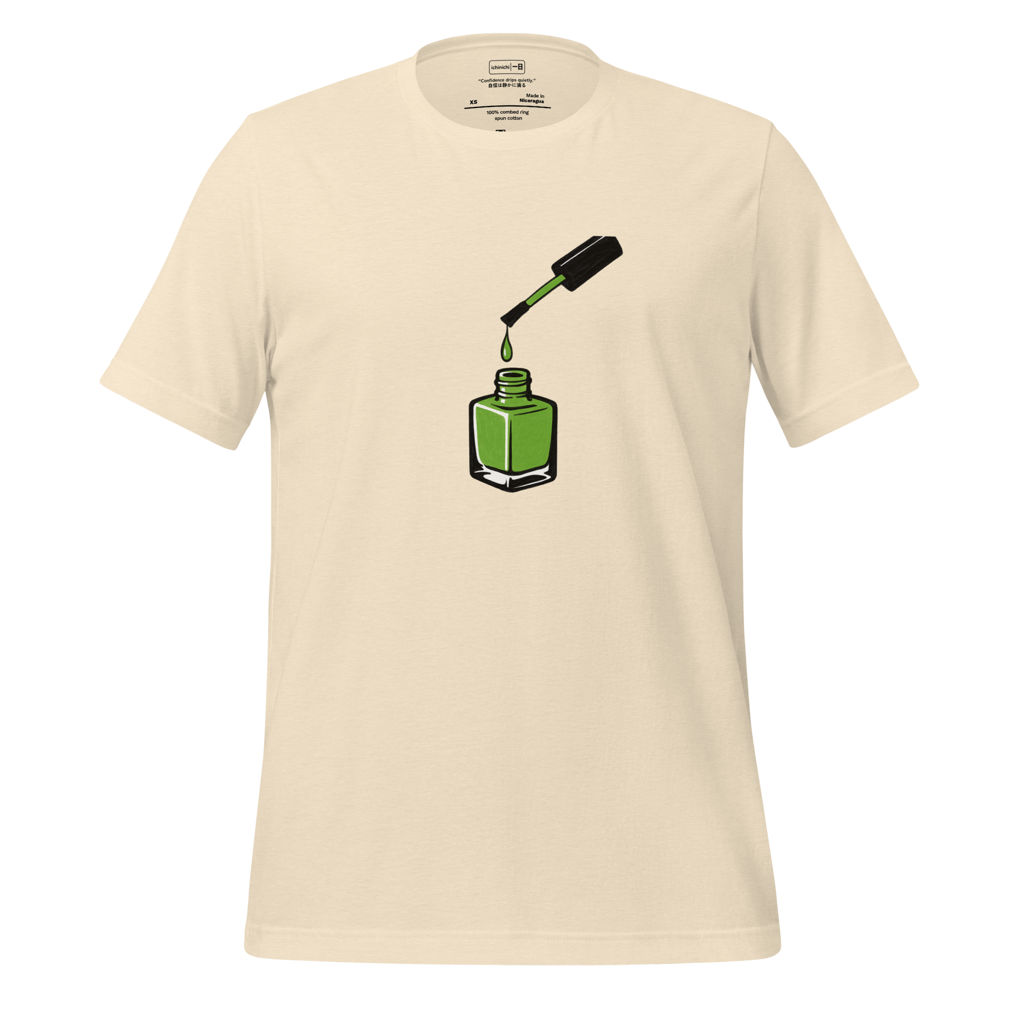 Minimalist illustration of bright green nail polish dripping from a brush above an open bottle, simple and modern.