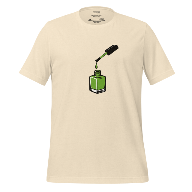 Minimalist illustration of bright green nail polish dripping from a brush above an open bottle, simple and modern.