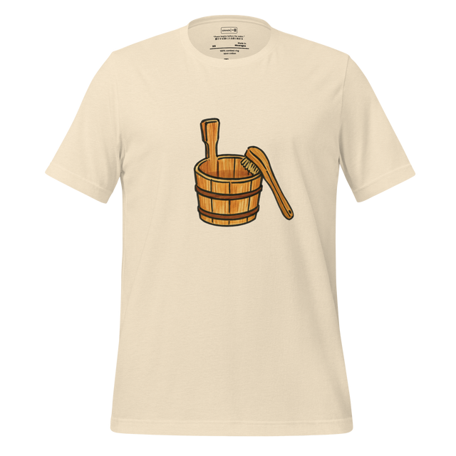 Minimalist illustration of a wooden bucket and brush used before bathing at a Japanese onsen, calm balanced T-Shirt design.