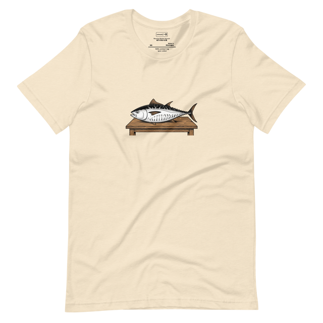 Minimalist line art of a large tuna on a wooden market table, Short Sleeve T-Shirt.