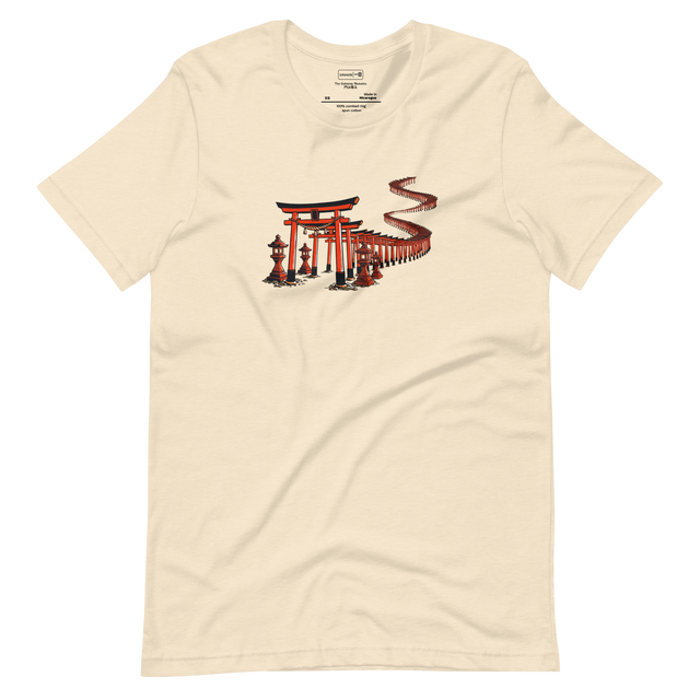 A professional digital illustration of red and orange torii gates in clean paint brush style on a Short Sleeve T-Shirt.