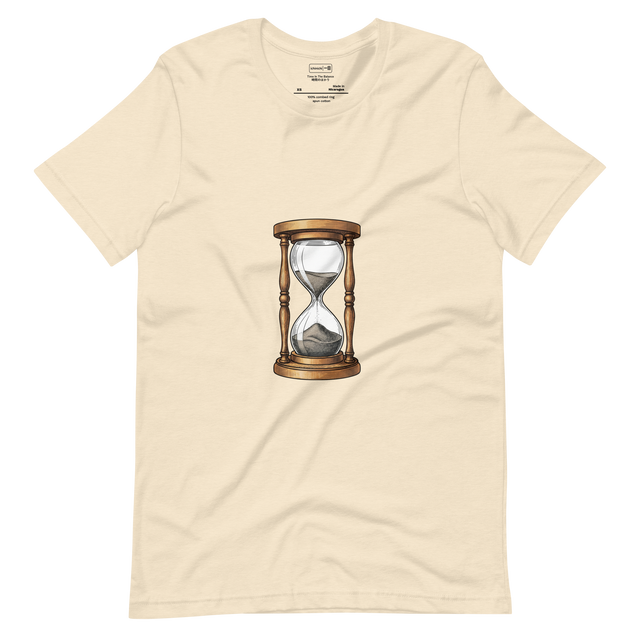 Cross-hatch ink illustration of an hourglass with wooden frame on a short sleeve t-shirt.
