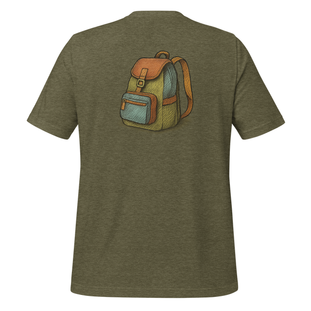 Multicolored hand-drawn illustration of a weathered travel backpack