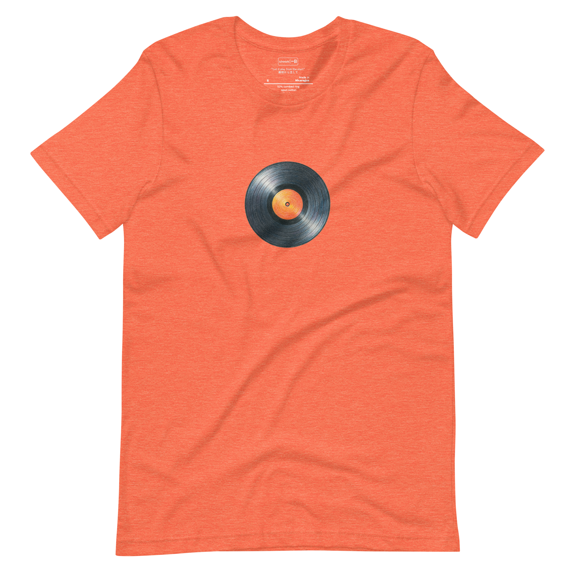 Hand-drawn colored pencil illustration of a vinyl record on a t-shirt