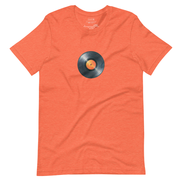 Hand-drawn colored pencil illustration of a vinyl record on a t-shirt