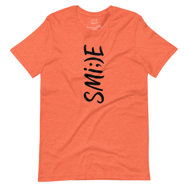 Black ink vertical typographic smile design on short sleeve t-shirt.