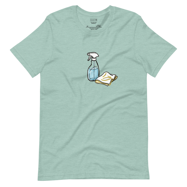 Minimalist T-Shirt graphic featuring a spray bottle and a crumpled rag.
